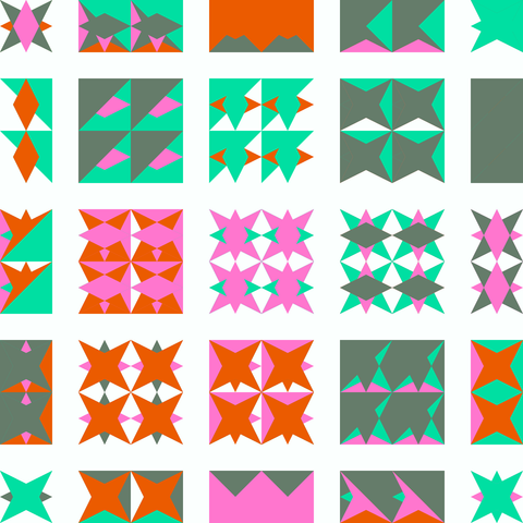 This image displays a vibrant, geometric generative artwork composed of a grid of square tiles. Each tile features abstract shapes such as stars, diamonds, and triangles in bold colors like green, orange, pink, and gray. The design emphasizes symmetry and repetition, creating a dynamic and visually engaging pattern. The overall aesthetic is modern and playful, with a focus on bright colors and geometric harmony.