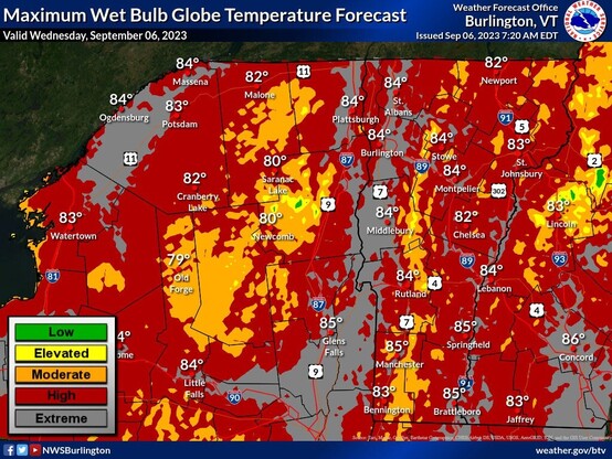 WBGT Forecast Map for 9/6 for northern NY and Vermont.