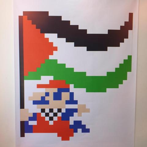 Pixel art Mario with Palestinian flag and kufiya