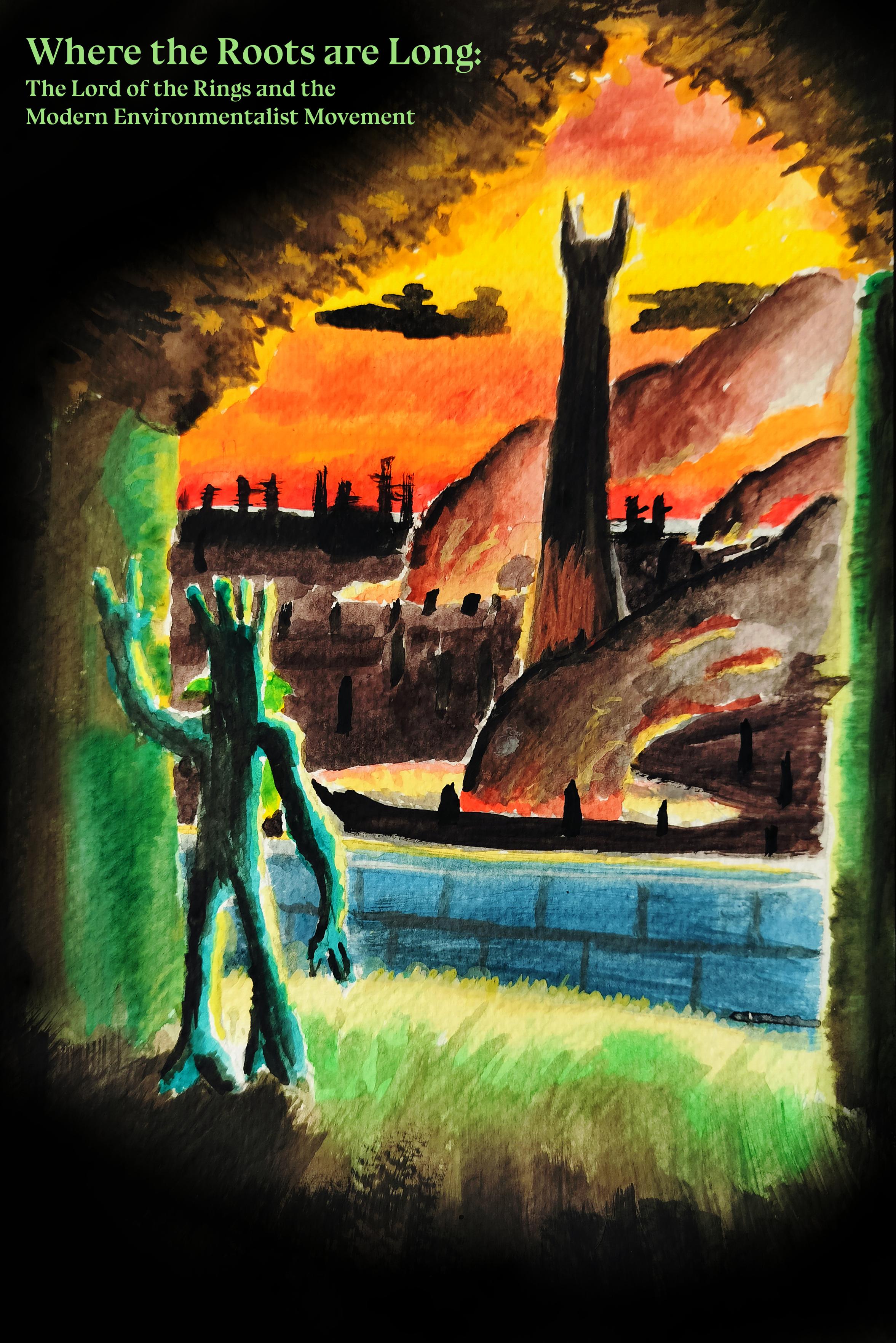 A water color painting. an ent looks out from a forest at Isengard, an industrial site.