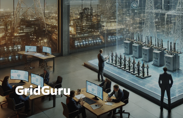 a very obviously ai-generated illustration of men looking at screens and at some glowing electrical equipment; a figure at a desk in the middle lower foreground of the image is merely a torso without a head; the word GridGuru is printed across the lower left of the image