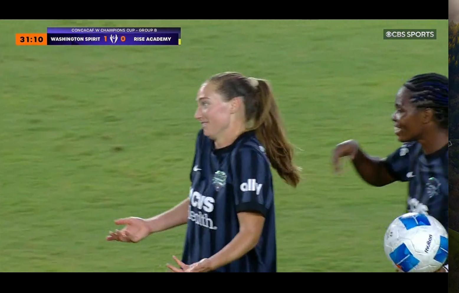 a screengrab from a broadcast of the Spirit vs Vancouver Rise game, showing Tara McKeown shrugging