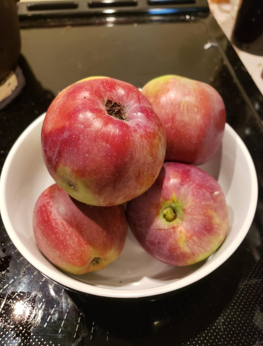 Four apples in a ceramic bowl on a stove top. The apples are mostly red with stripes of green. One of the apples has a tiny worm hole on the side.