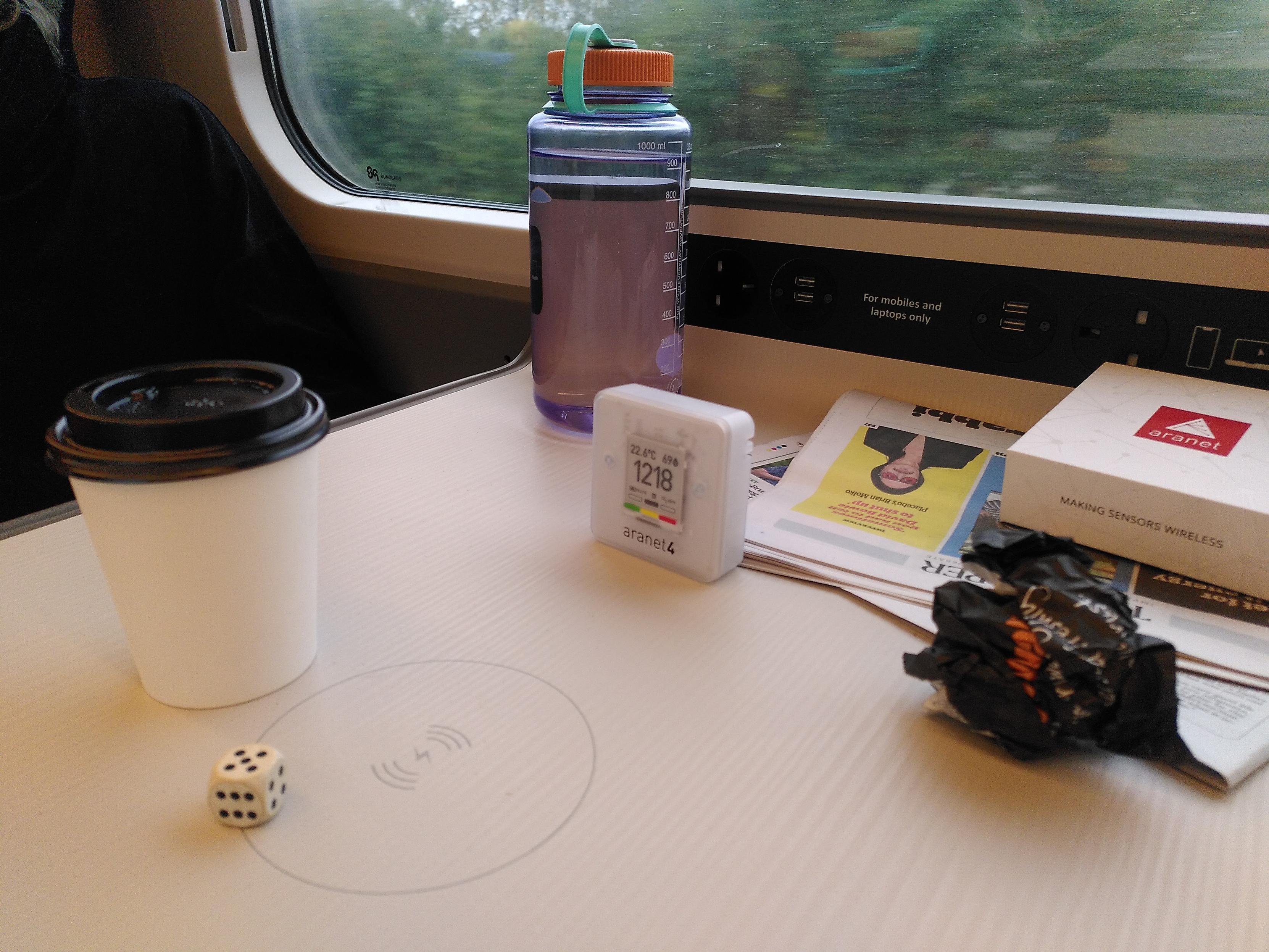 A photo of an Aranet4 device (a small white box which looks a bit like an alarm clock, with an e-ink screen) showing a value of 1218, on a train table, surrounded by other train paraphernalia - a coffee cup, a paper, a water bottle, and a die (for playing a game called "Scheiße" with).