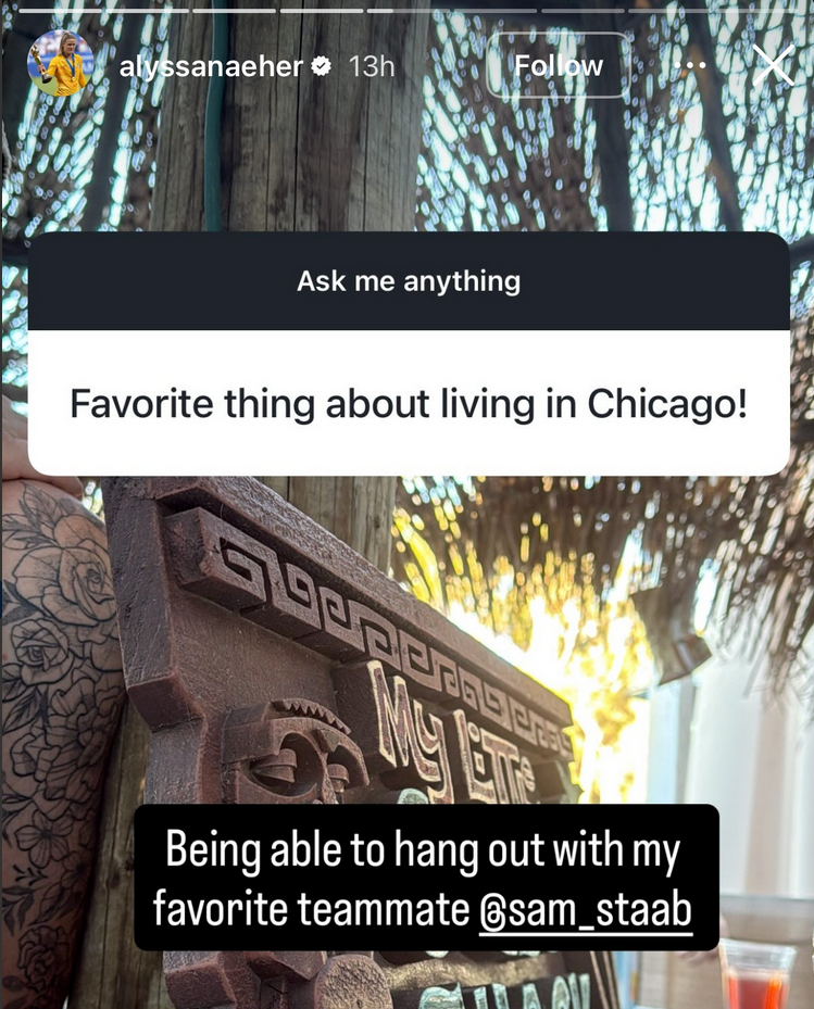 a screenshot of Alyssa Naeher's instagram page which is open to an "Ask Me Anything" prompt. the question: "Favorite thing about living in Chicago!" answer: "Being able to hang out with my favorite teammate @sam_staab"