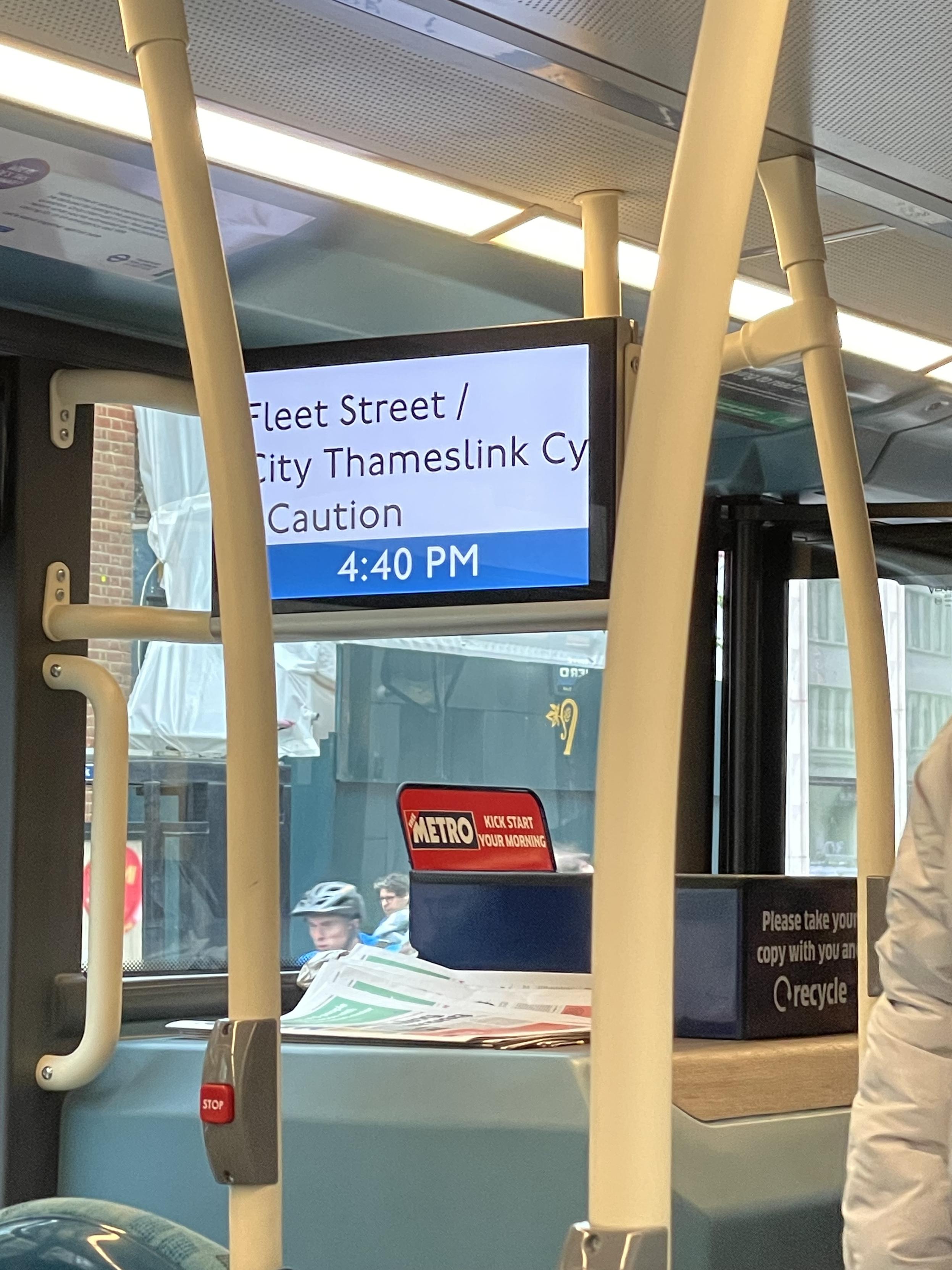 Digital signage for a Wright StreetDeck Electroliner bus on Transport for London’s 341 route. Note the terrible line spacing and truncated text.