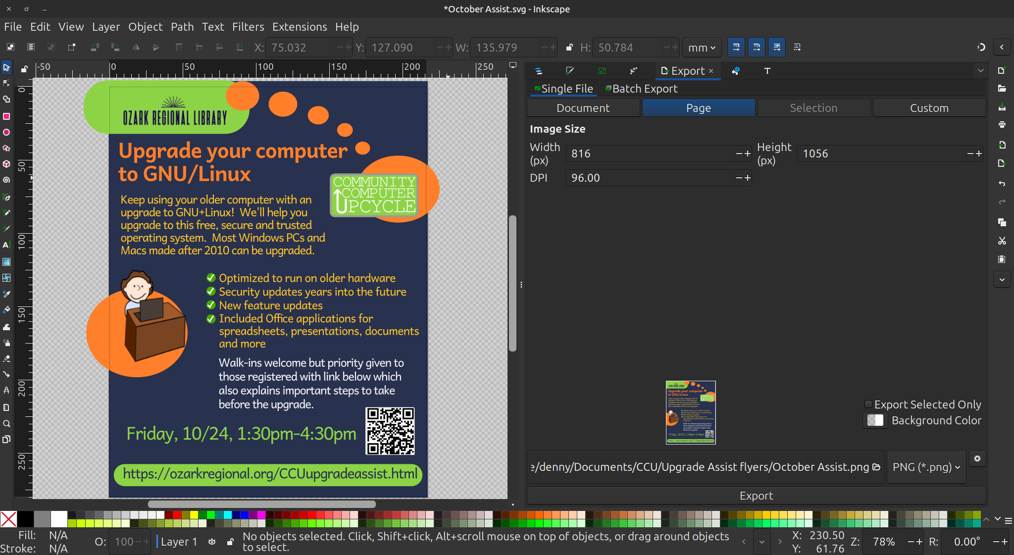 A screenshot of the Inkscape application being used to create a colorful flyer advertising assisted  GNU/Linux installations at my local library.