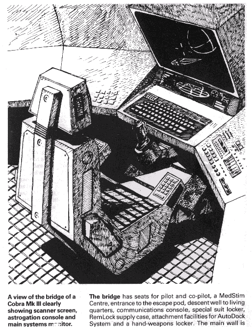 Picture from the Elite manual showing the bridge of a Cobra Mk III. The pilot sits in a chair with what looks like a BBC Micro and screen in front of them Picture from the Elite manual showing the bridge of a Cobra Mk III. The pilot sits in a chair with what looks like a BBC Micro and screen in front of them