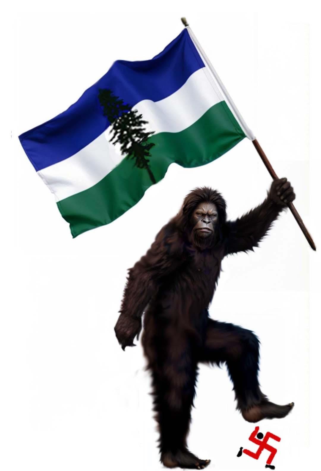 Big foot holding a Cascadia flag stomping on a swastika.