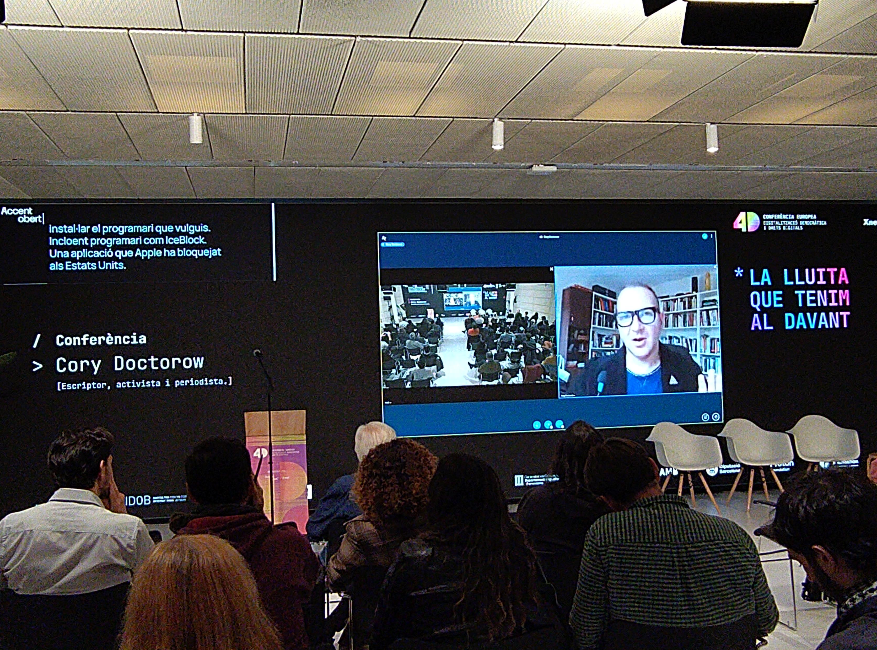 Cory Doctorow in a video connection in the conference.