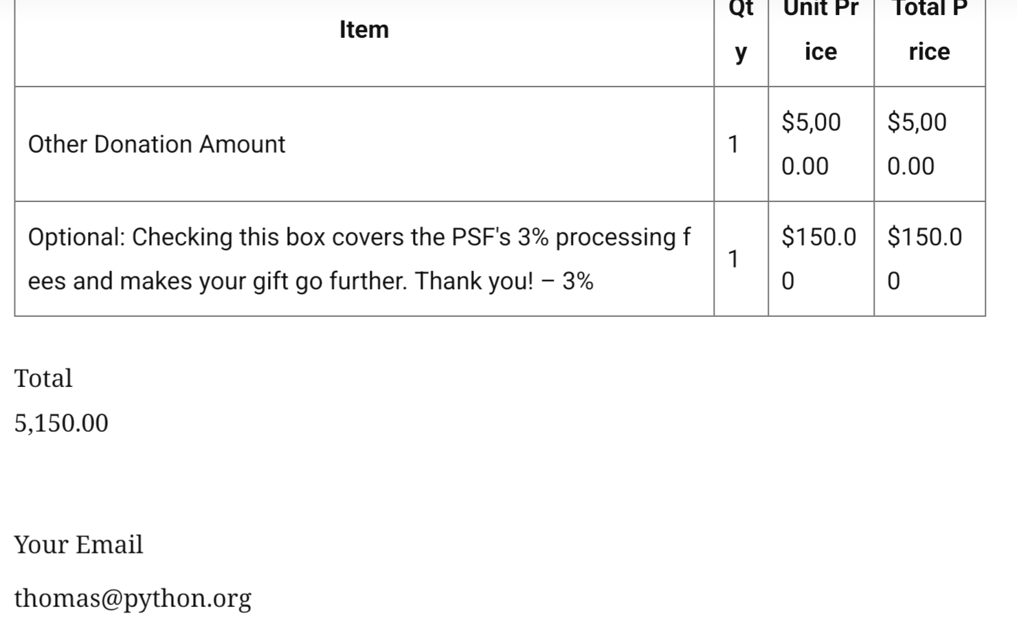 A receipt for a $5000 donation (plus 3% to cover fees) to the PSF from me.