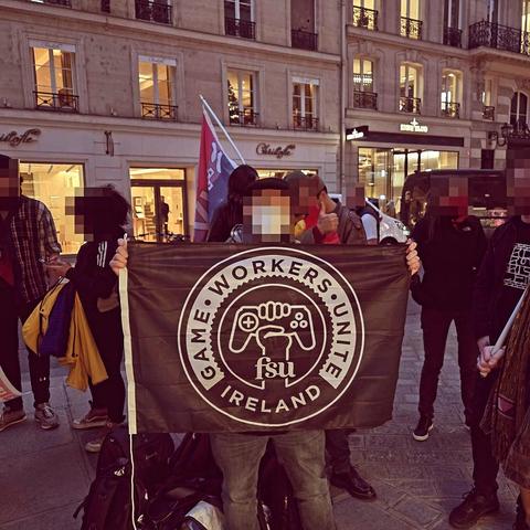 Game Workers Unite Ireland in Paris outside of the Take Two offices protesting with STJV and other European game worker unions