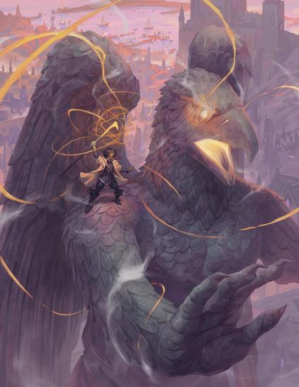 The seventh Blackstaff of Waterdeep, Vajra Safahr is seen here awakening The Hawkman, one of the might walking statues of Waterdeep.