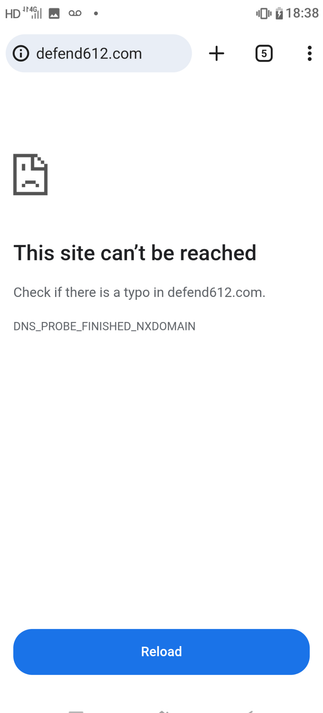 Screenshot of a smartphone browser with defend612.com in the address bar and a sketch of a sad piece of paper followed by the text:

This site can't be reached.

Check if there is a typo in defend612.com

DNS_PROBE_FINISHED_NXDOMAIN