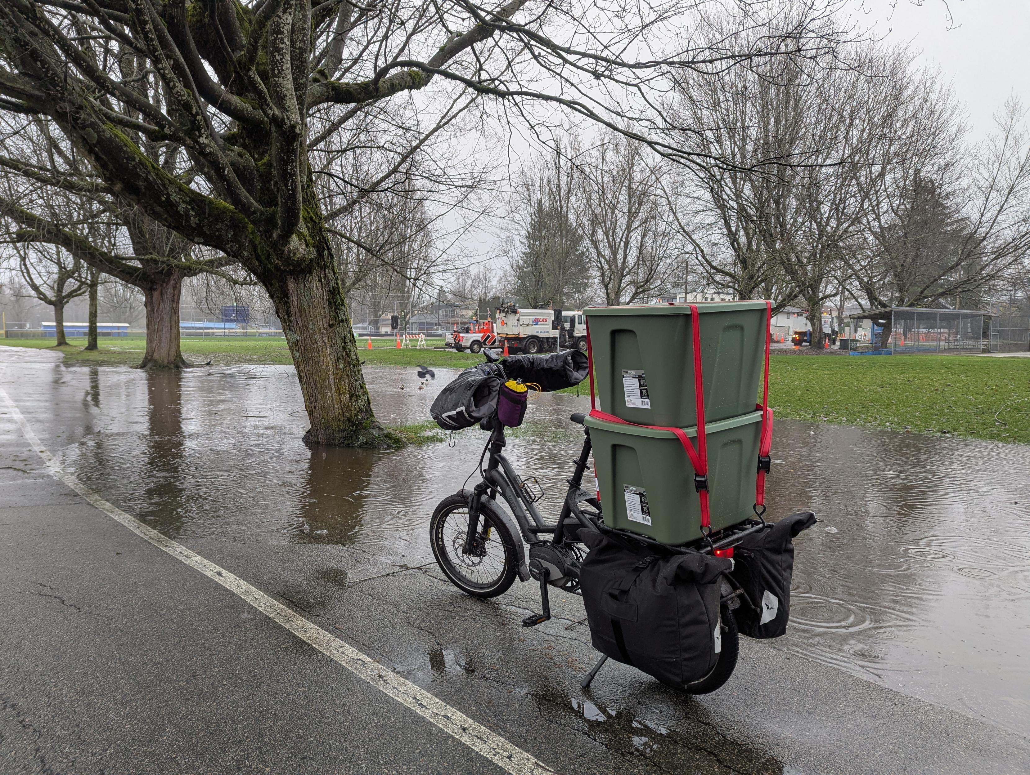 a cargo bike with 2 storage bins on the rack and full panniers, on a flooded park path