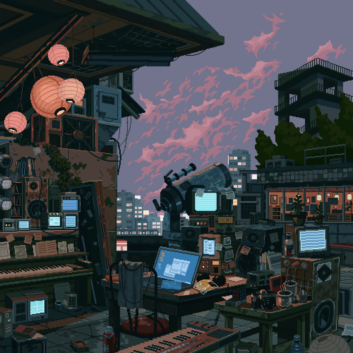 Pixel art of a rooftop scene at sunset, with a telescope in the center of the frame, on a table surrounded by laptops, a computer, lots of little screens and some soft light lamps - very cosy