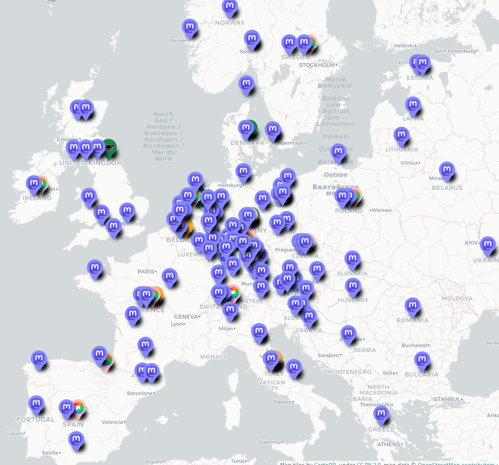 A geographical map of Europe with hundreds of servers in the Fediverse, dominated by Mastodon, some PixelFed, mapped in this umap at OSM: https://umap.openstreetmap.fr/en/map/fediverse-near-me_828094#5/50.471/4.241