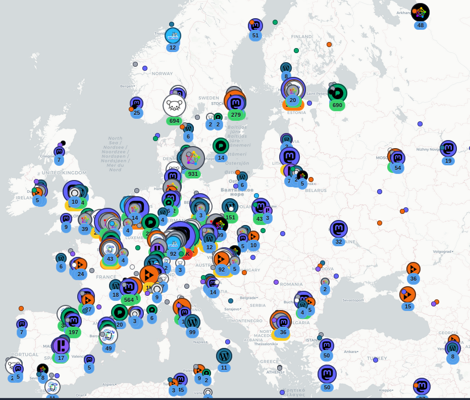 A geographical map of Europe showing many different social media servers that store user data in Europe, filtering for the decentralised Fediverse servers, mapped at https://arewedecentralizedyet.online/map/