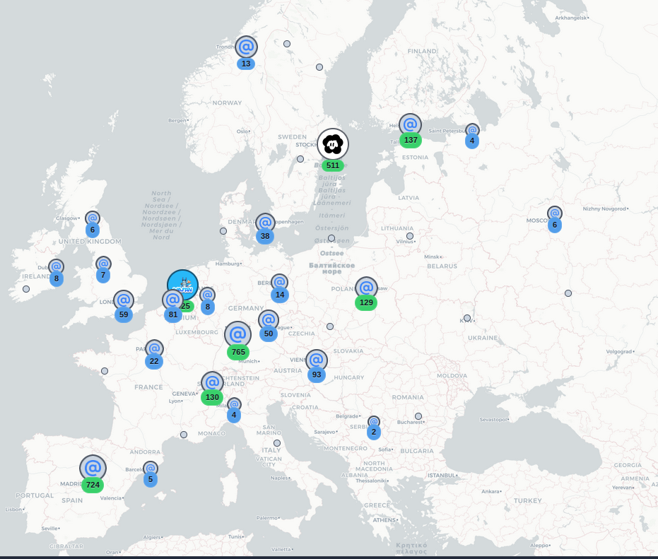 A geographical map of Europe showing (partially centralised) social media servers in the Bluesky network, filtering for the AT protocol, storing user data in Europe, mapped at https://arewedecentralizedyet.online/map/