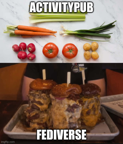 Meme depicting ActivityPub as fresh vegetable ingredients, and Fediverse as ginormous greasy hamburgers.