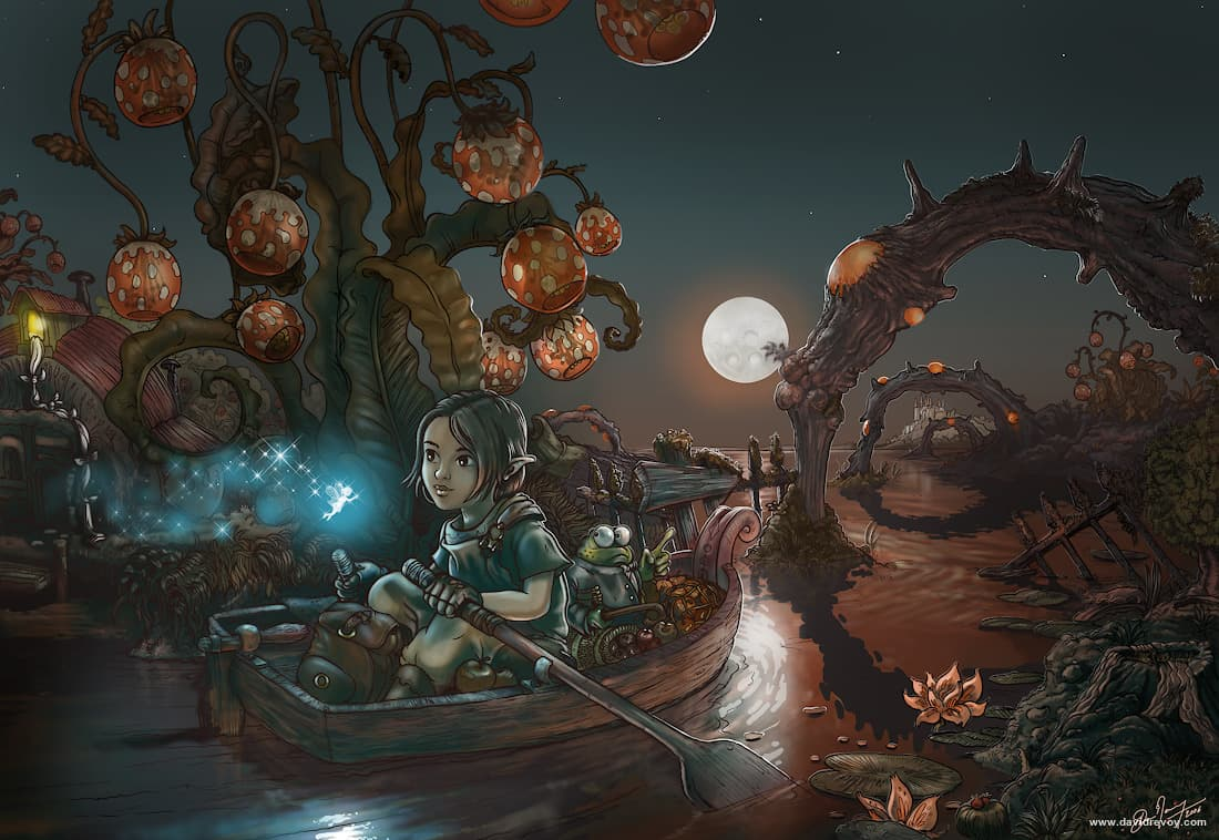 Artwork: “The Journey Begin” by David Revoy, CC BY-NC-ND 4.0

A mysterious moonlit and magical landscape is depicted. The pastures of the mind, where everything is possible. The image depicts a young person rowing a small dingy along a peaceful meandering stream, with rows of dense wonderment growing along its shores. Time to explore is now. The stuff of dreams exists here. Fruitful nourisment grows for day after day. Careful now! The cherries are juice, so pick them playfully. Just enjoy the moment while you savor them.