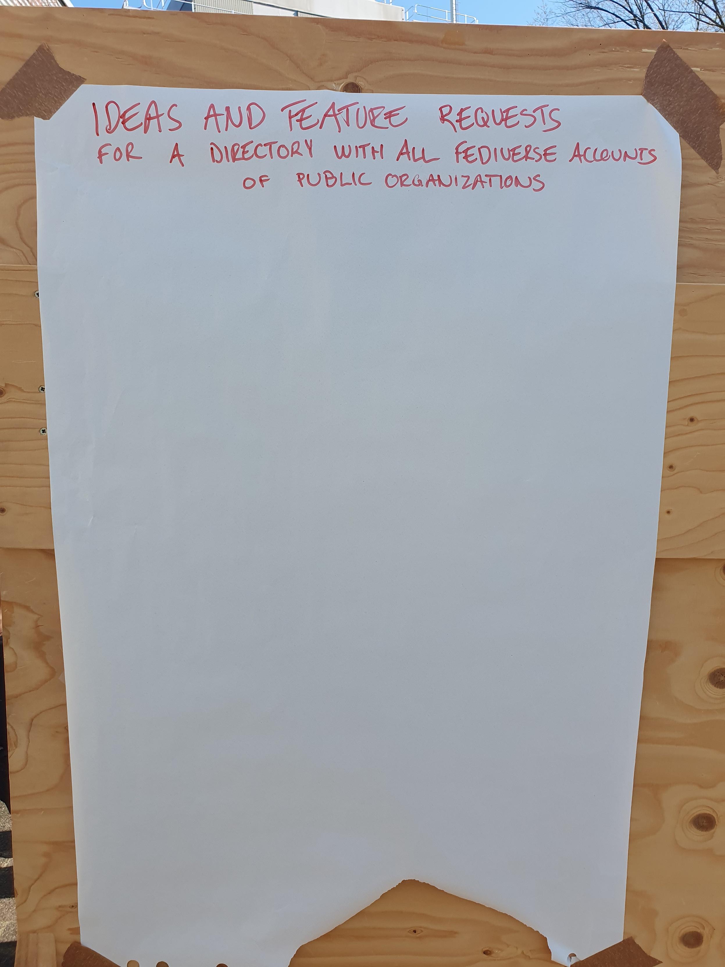 Paper with the heading ideas and feature requests for a directory with all fediverse accounts of public organizations, still empty of ideas