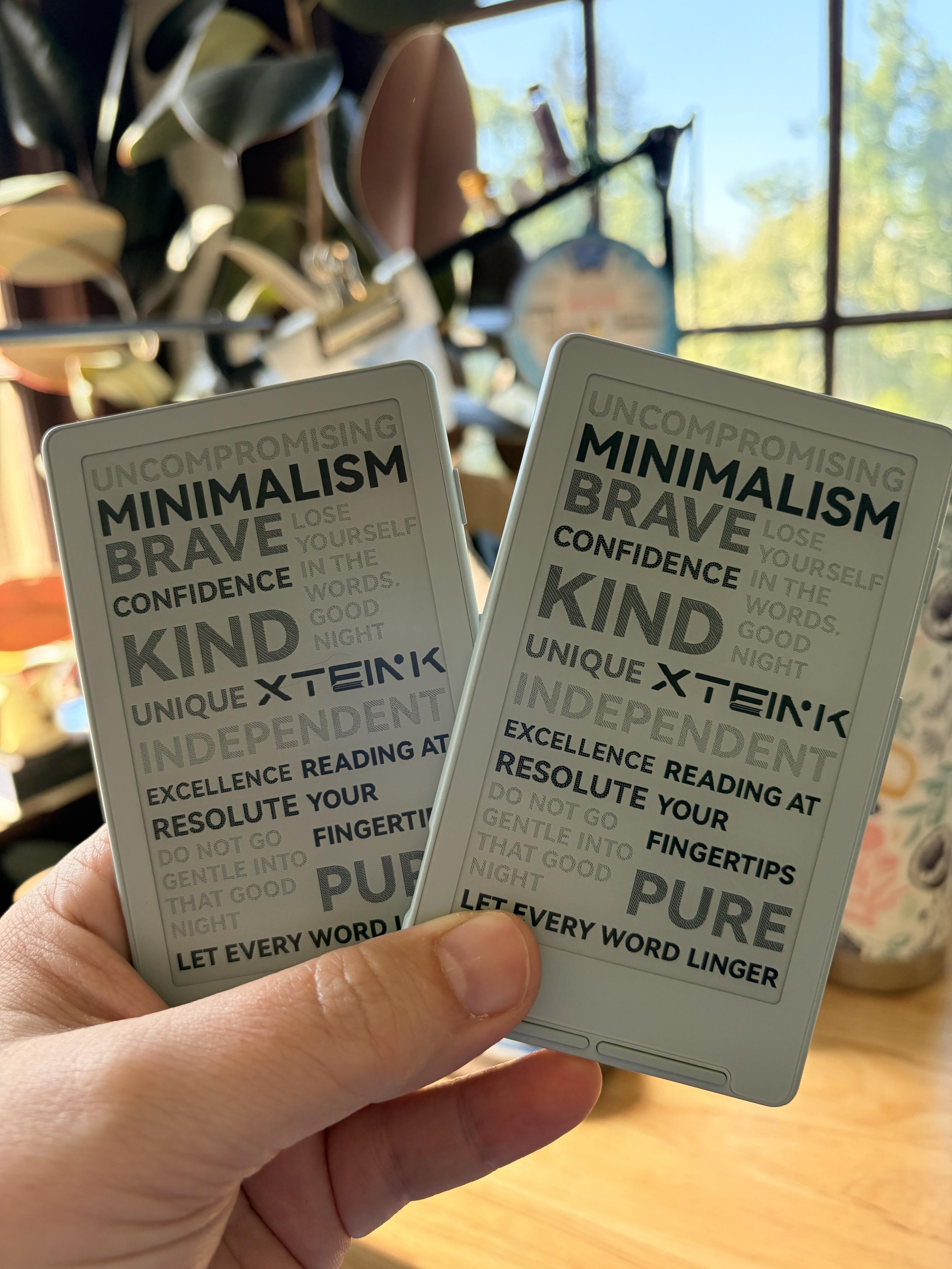 A hand holding up two small Xteink ereaders.