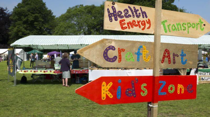 Signpost from Belper Goes Green pointing to 'Health, Energy, Transport'; ' Craft and Arts' and ' Kids Zone,.