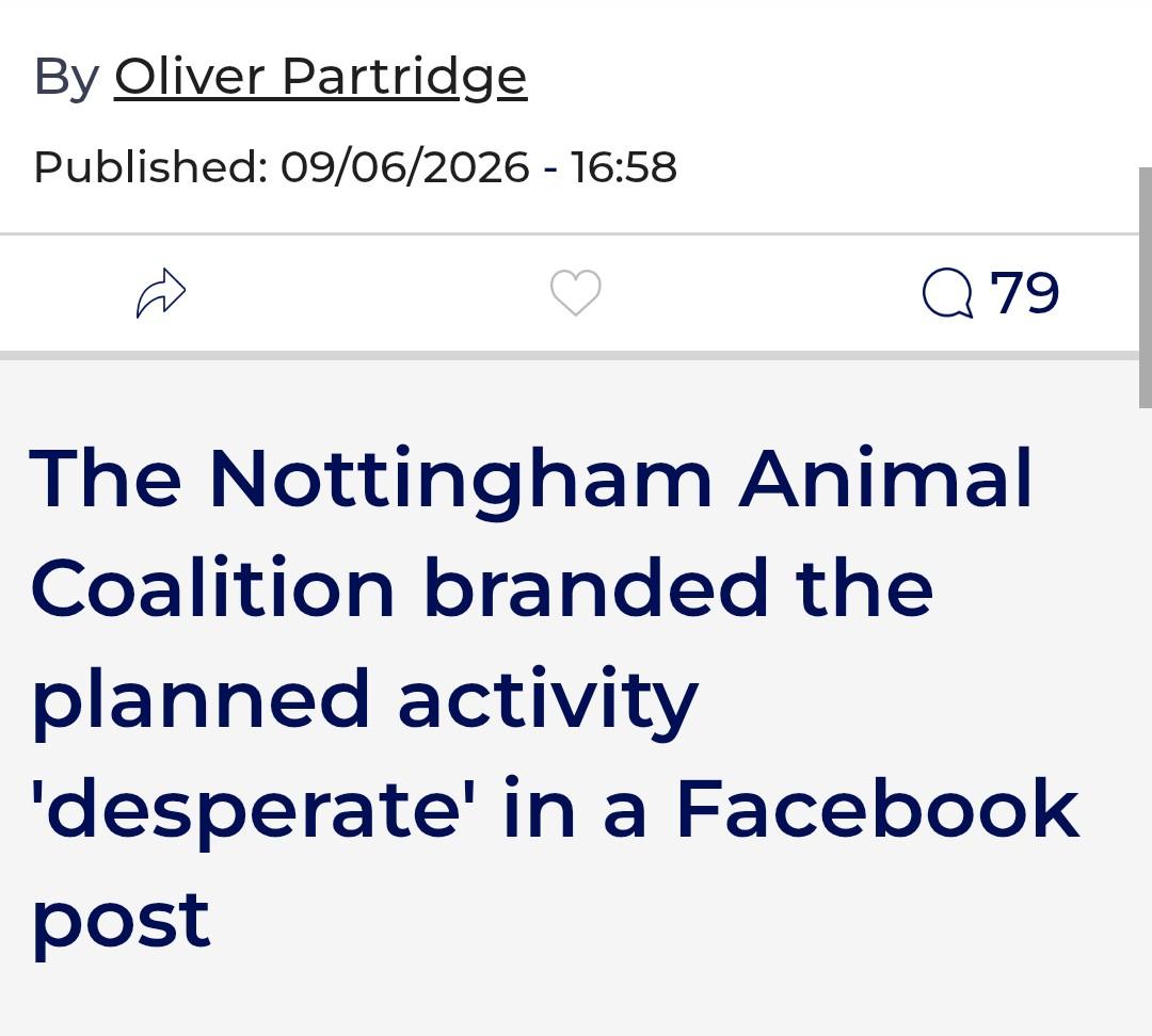 Screenshot of subheading text reads:

"The Nottingham Animal Coalition branded the planned activity 'desperate' in a Facebook post"