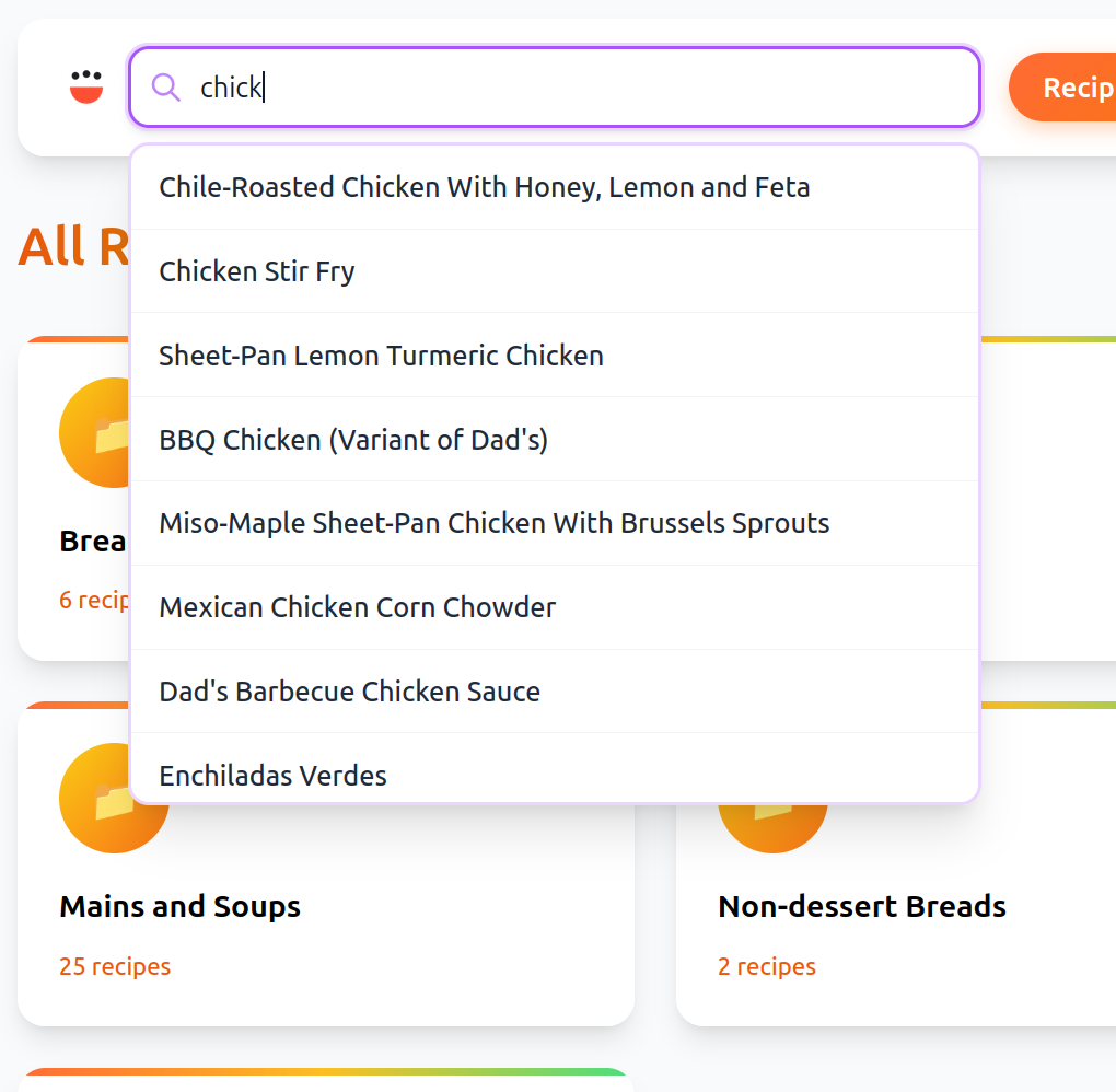 A closeup of the cookCLI server, showing the partial word "chick" typed into the search bar, and a bunch of results showing up. For example, "Chile-Roasted Chicken with Honey, Lemon, and Feta", "Chicken Stir Fry", and so forth. Underneath are cards for different areas of recipes (seen better in the next photo). There's a pleasing orange theme throughout.