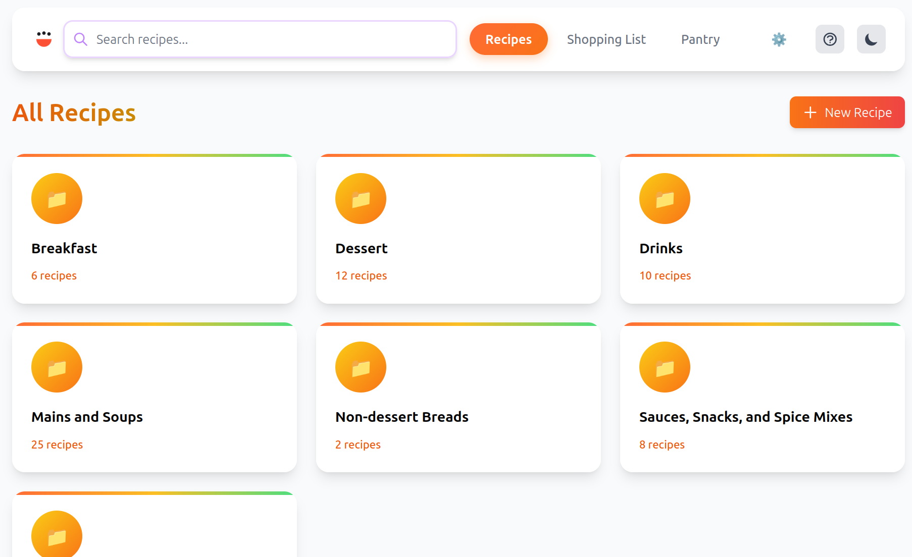 A larger view of the cookCLI screen, showing a screen full of different cards. The cards are labeled "Breakfast", "Dessert", "Drinks", "Mains and Soups", "Non-dessert Breads", "Sauces, Snacks, and Spice Mixes". At the top is a search bar, with "Recipes", "Shopping List", and "Pantry" (all other features of cookCLI) to the right, followed by settings icons.