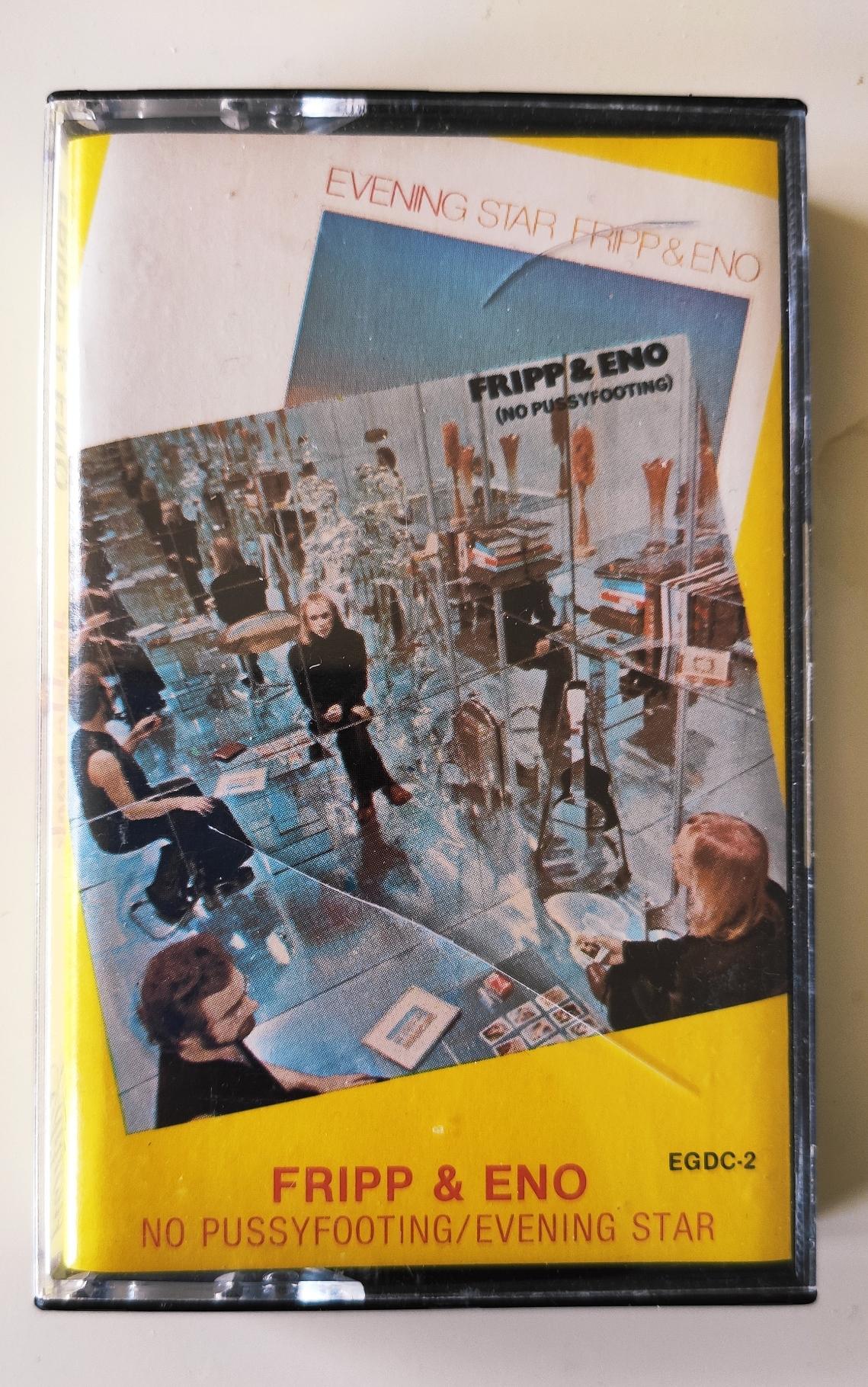 Cassette album cover for Fripp & Eno's No Pussyfooting / Evening Star 
The two males artists are sat in a hall of mirrors style room and their image if them seated together repeats into the distance and alternates between a front and rear view. Both dressed in black.Eno has long orange hair and Fripp has curly brown hair with close beard and moutache