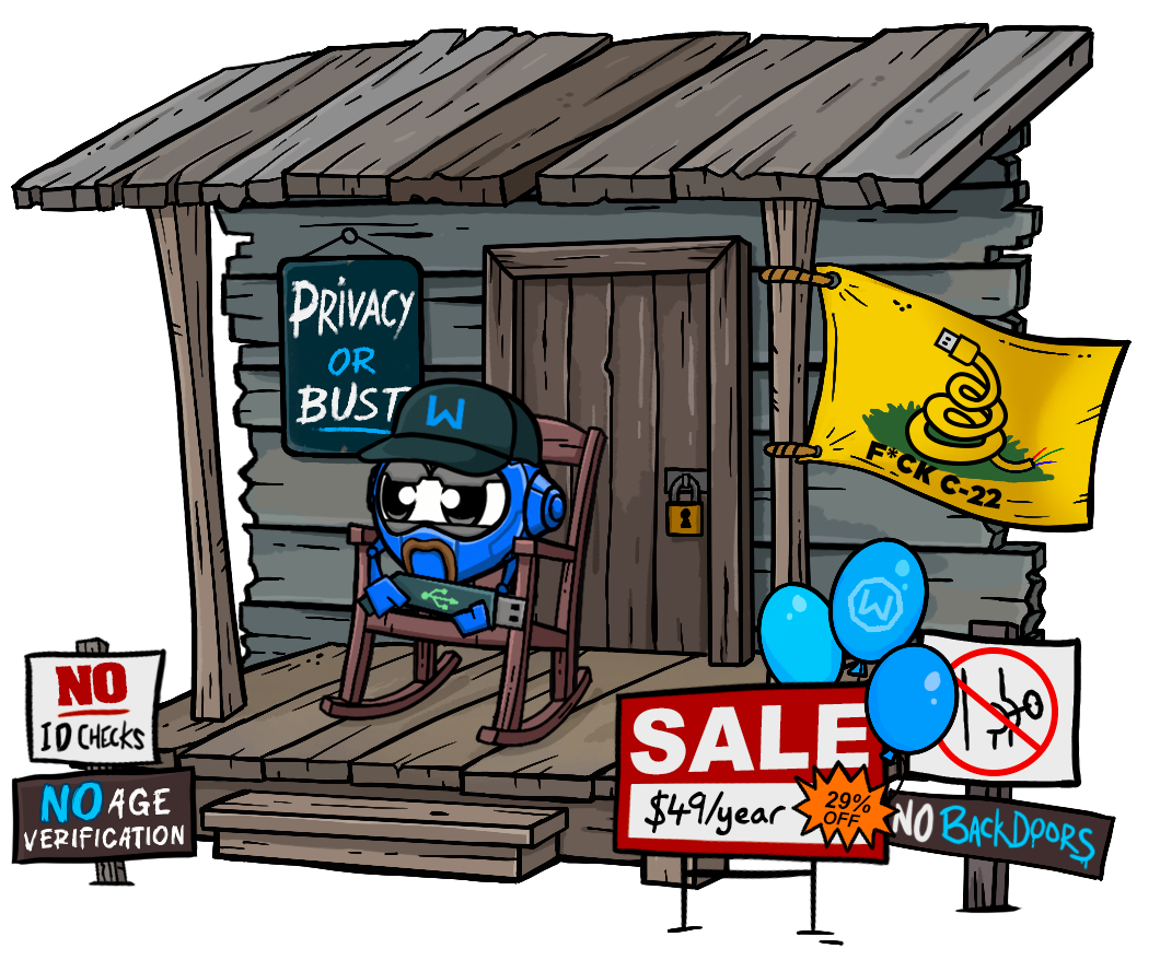 Windscribe's Garry character sitting on a porch with various signs around, also a yellow Gadsden flag with a snake replaced with a cable and “Dont thread on me” replaced with “F*ck C-22”