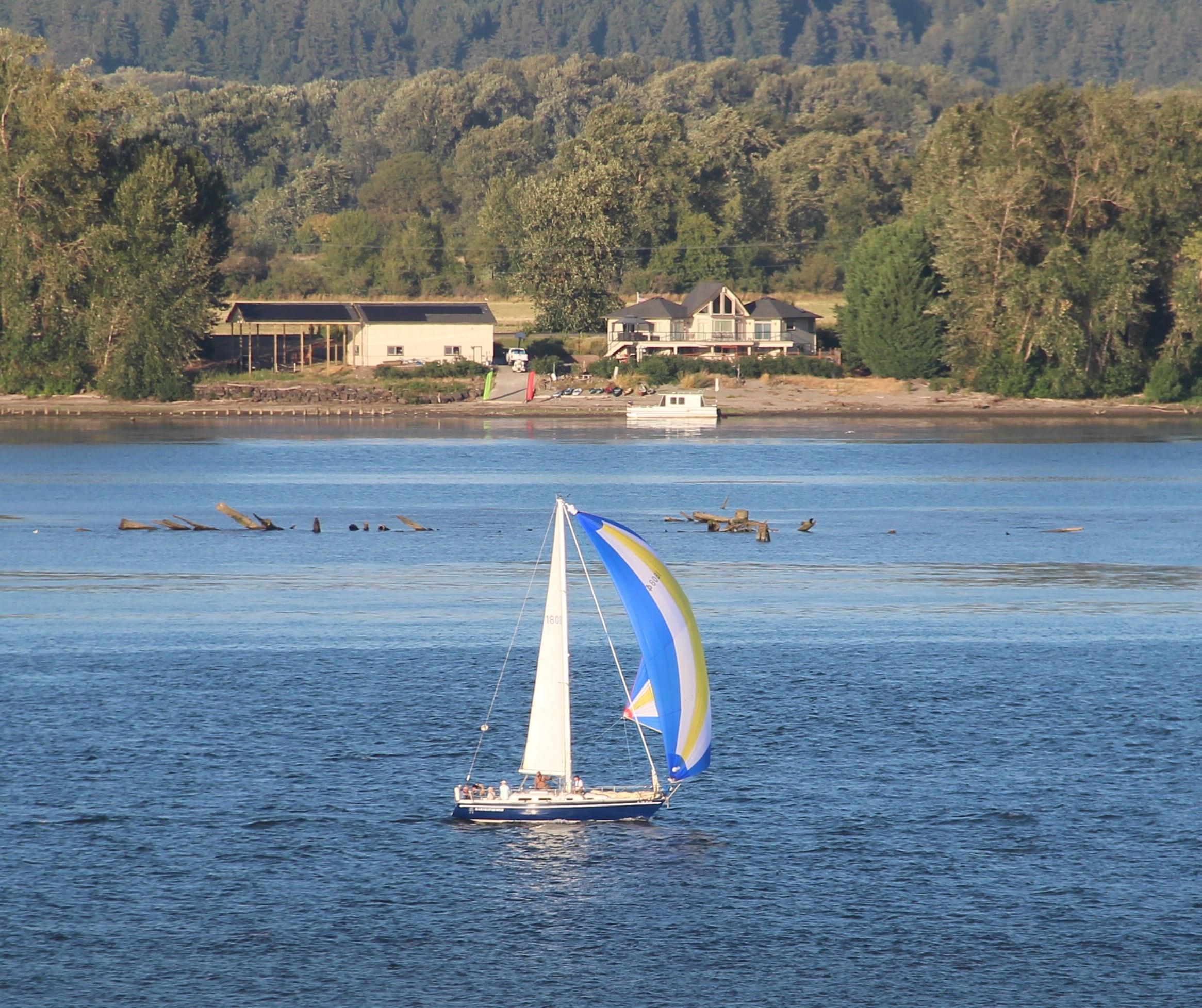 A spinnaker with a blue hull a a lovely blue and white spinnaker, heading south along the Columbia river on a bright sunny day. You can barely make a few humans in the cockpit.