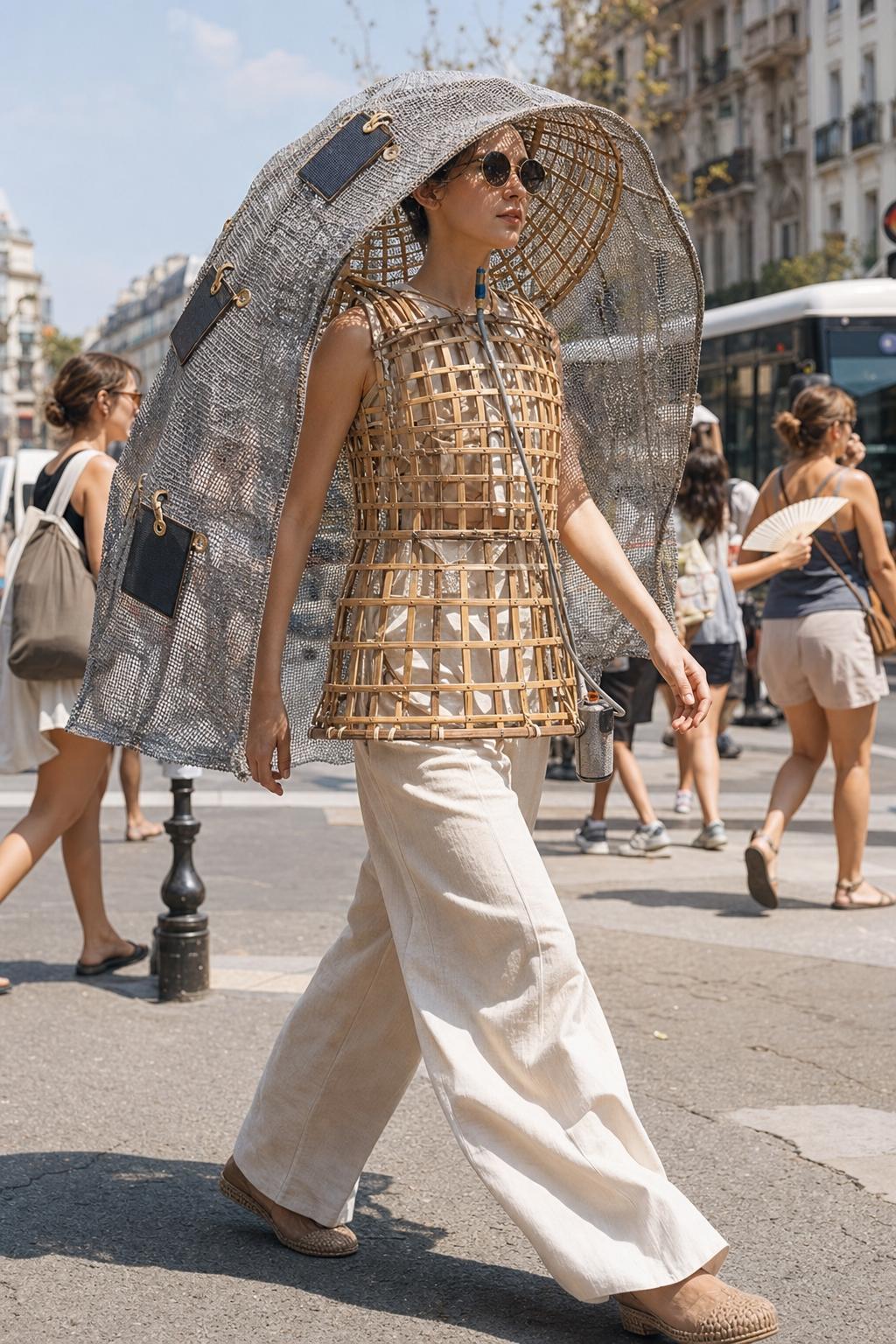 A woman walks by in a hot european city during summer, wearing an open source hardware device that provides shade, cools the air around her and even provides moisture from the air to the wearer.