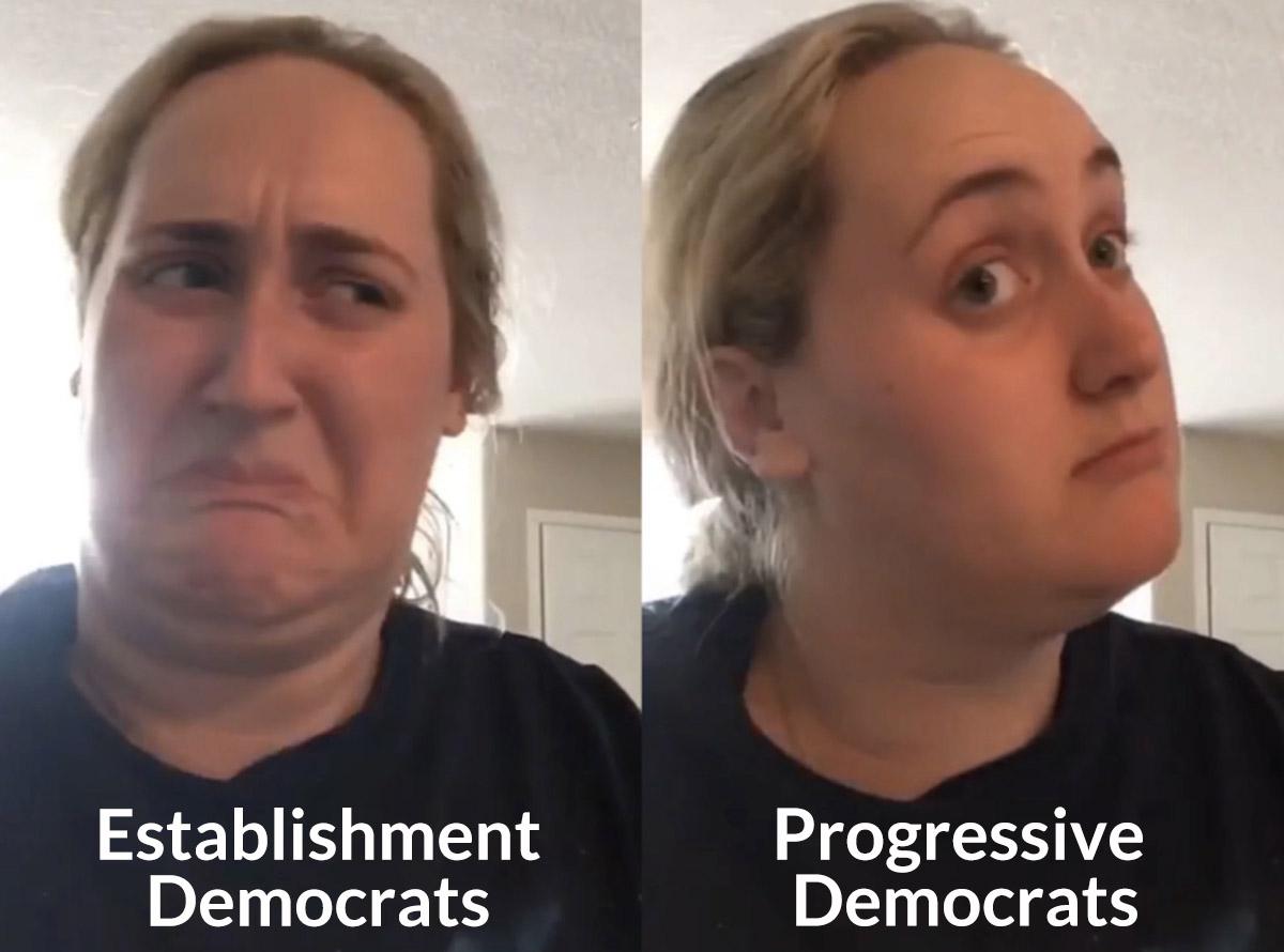 Women with reaction to Establishment Democrats (negative) and to Progressive Democrats (positive).