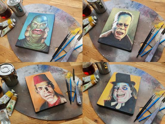 Paintings of Gill-man, The Phantom, The Mummy, and The Man in the Beaver Hat