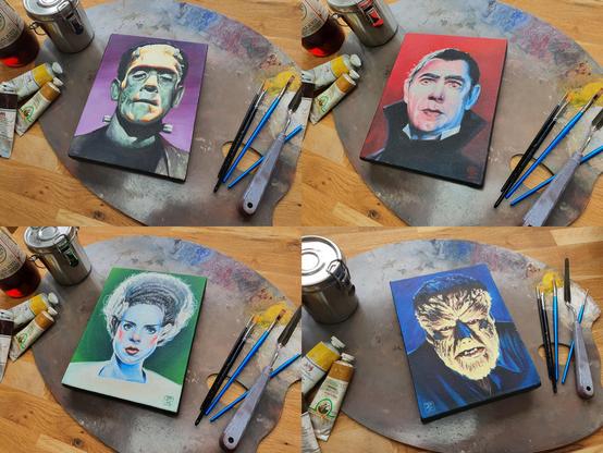 Paintings of Frankenstein, Dracula, Bride of Frankenstein, and The Wolf Man
